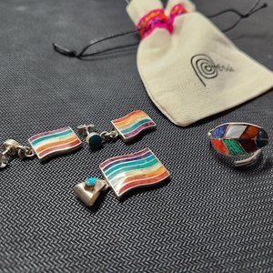 Pachamama Madre Tierra 950 Peruvian Sterling Silver Earrings, Pendant & Ring